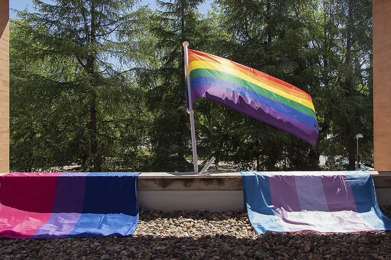 En el Edificio de Estudiantes se ha izado la bandera del Orgullo, y se han colocado también las banderas trans y bi
