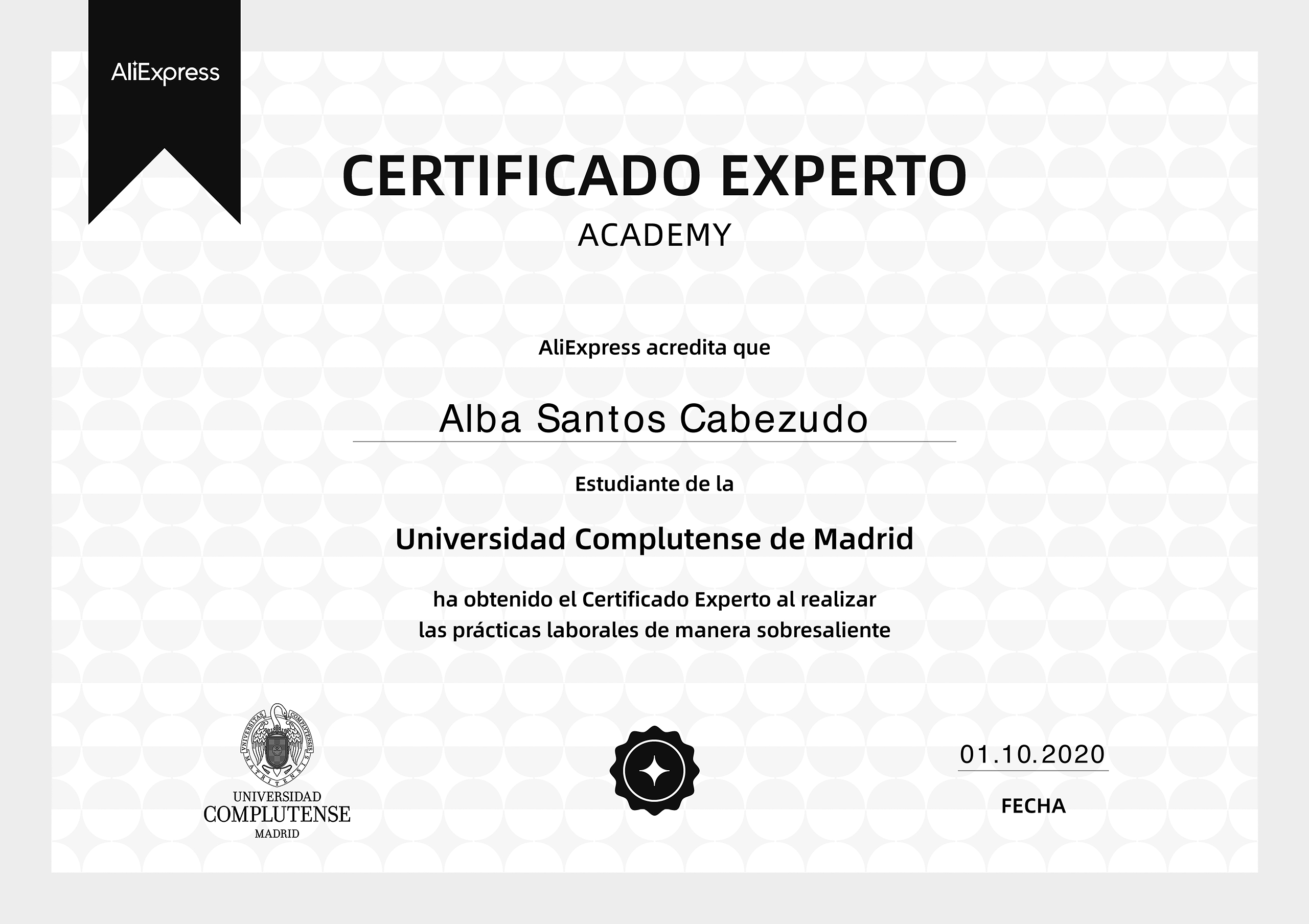 Certificado de Alba Santos tras sus prácticas con Ali Express