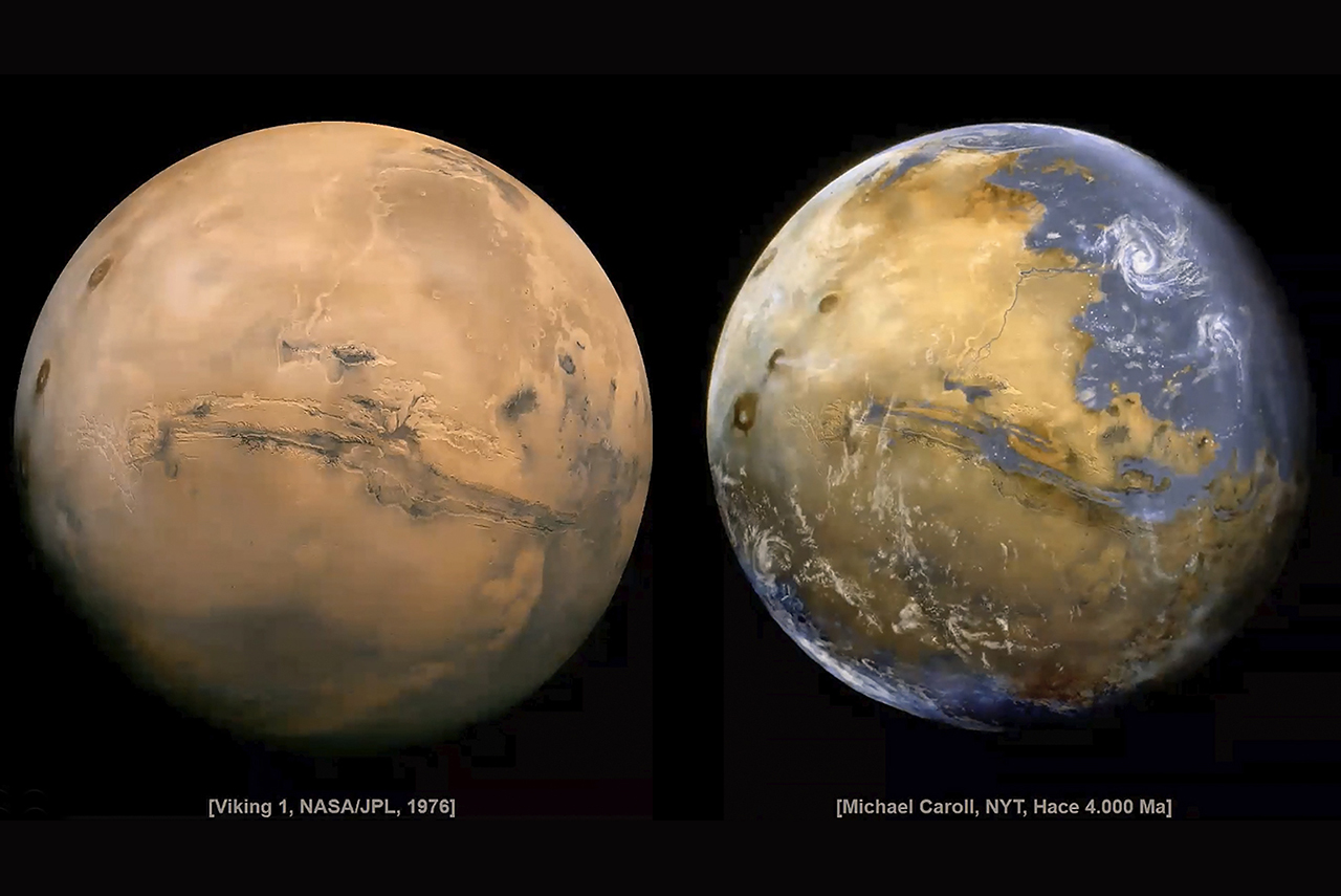 Marte, en una imagen tomada por la sonda Viking, y una recreación de su aspecto hace 4.000 millones de años